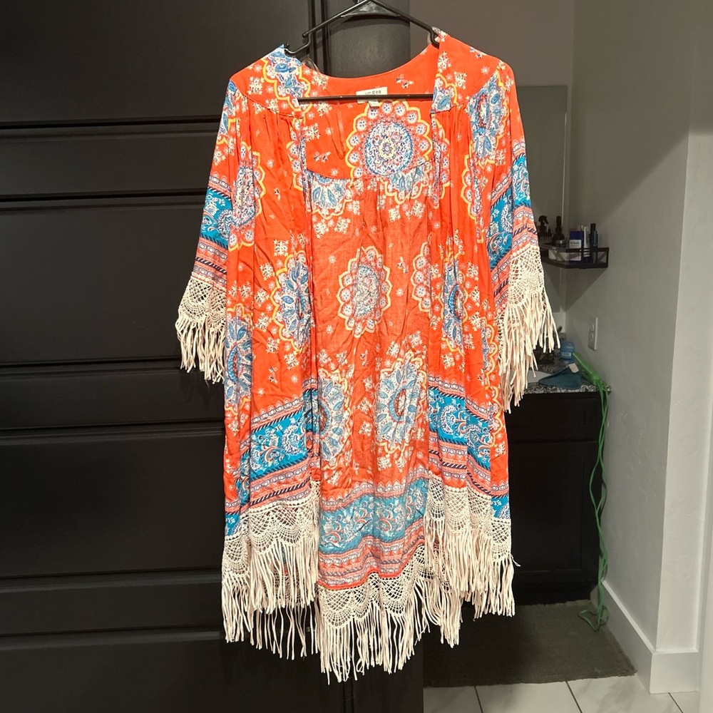 Umgee Bohemian Bright Orange and Blue Fringe Kimono Work Or Swim Cover Up